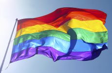 Big rainbow flag is waving in the wind with sun shining throughMore of my flag images: