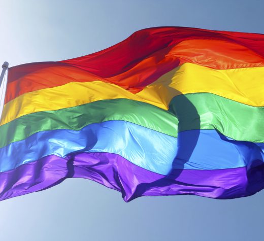 Big rainbow flag is waving in the wind with sun shining throughMore of my flag images:
